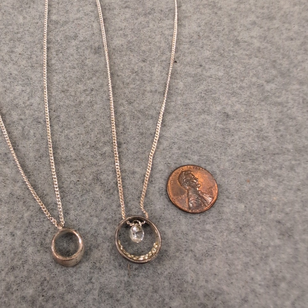 Two Tone Circle Pendant Double Layer Necklace Rhinestone Accent Modern - Picture 3 of 5